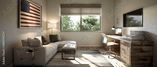 Patriotic Workplace Modern Home Office with USA Flag Details in 3D Rendered Interior Design