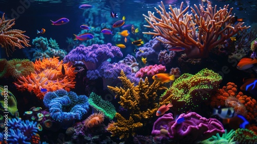 Fototapeta Naklejka Na Ścianę i Meble -  Colorful coral reef with small fish and vibrant underwater ecosystem