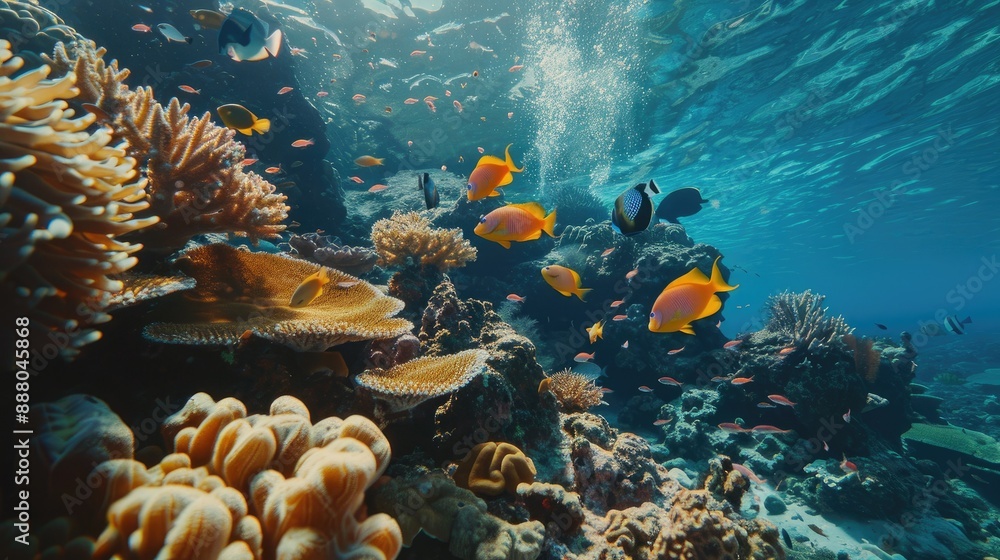 Naklejka premium Dive into the beauty of a tropical sea with diverse coral and fish