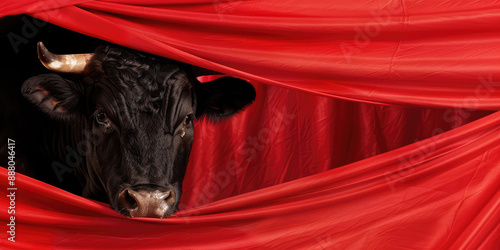 Bull in bullfight arena with red cloth, traditional bullfighting performance