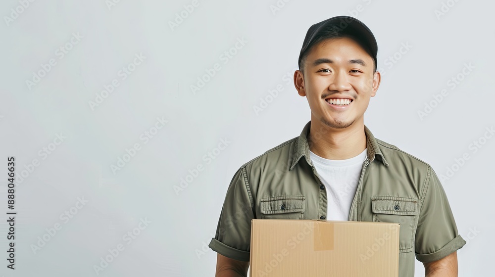 Happy Asian man smiling with parcel box, delivering reliable shipping service on white Happy Asian man smiling with parcel box, delivering reliable shipping service on white