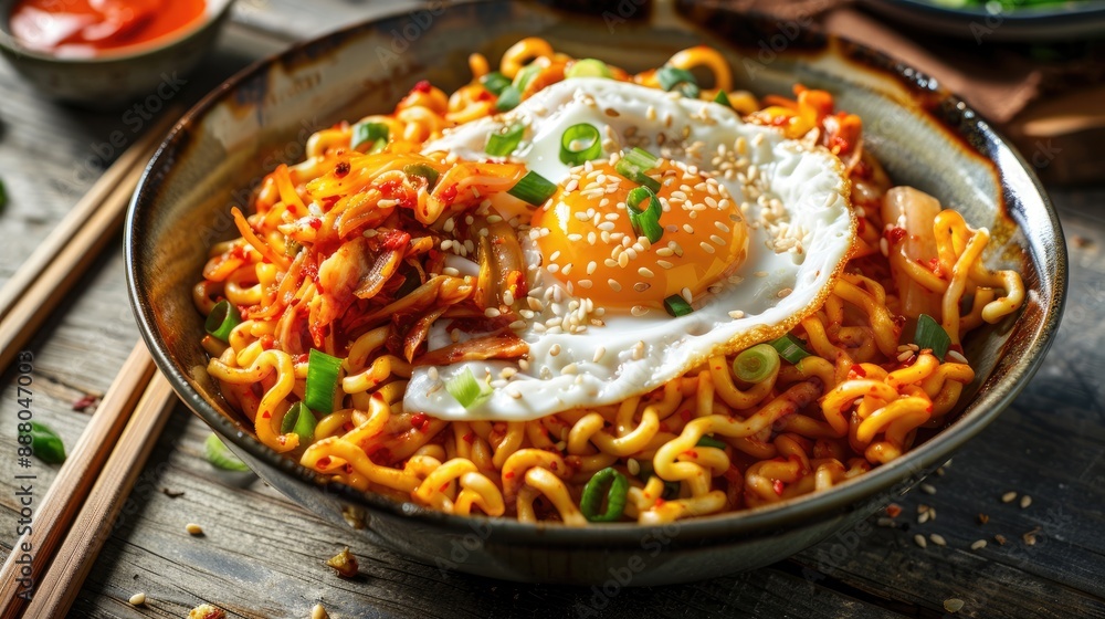 Spicy ramen noodles topped with kimchi and fried egg Spicy ramen noodles topped with kimchi and fried egg