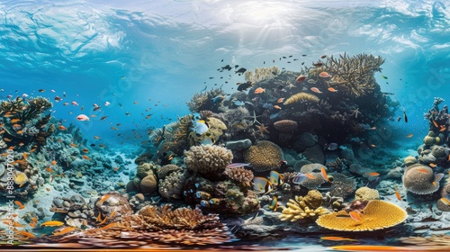 Panoramic view of a bustling marine ecosystem with coral and fish © chanidapa