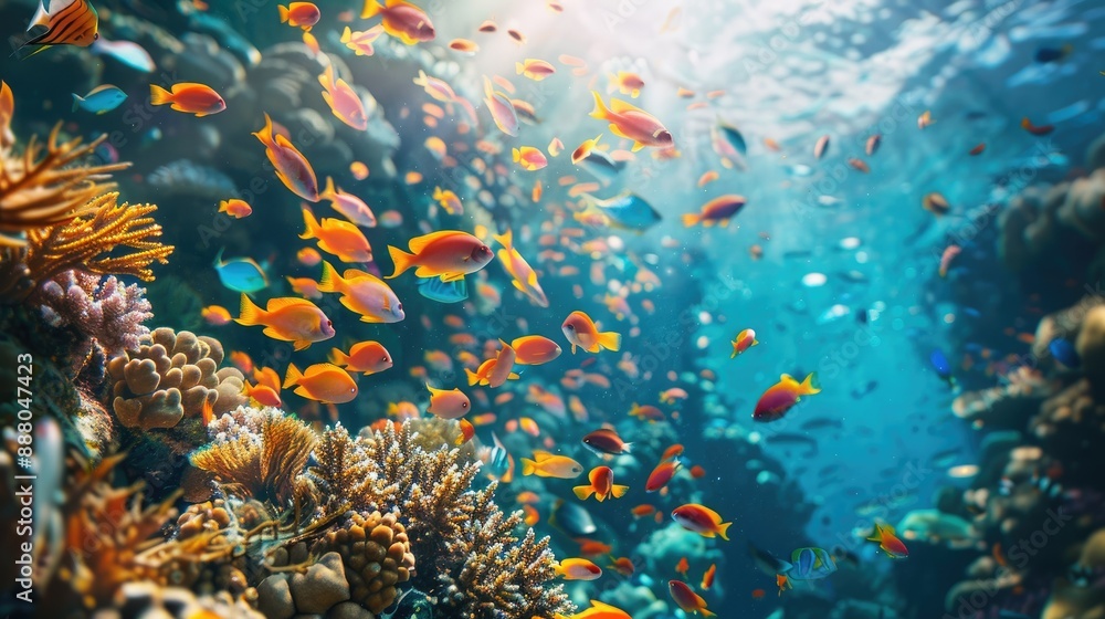 Fototapeta premium School of fish swimming over a vibrant coral reef