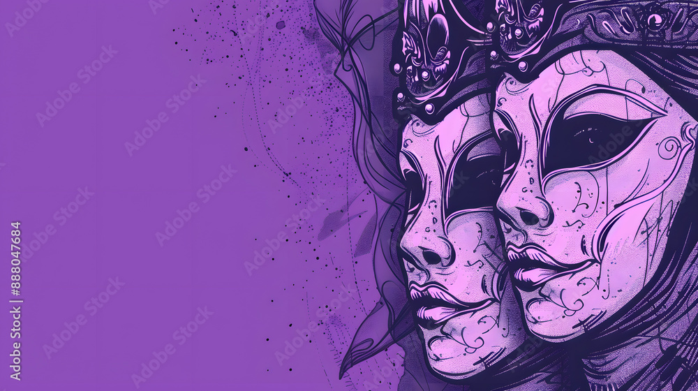 Mardi Gras Banner Simple Black Line Sketch on Festive Purple Background. Mardi Gras Banner Simple Black Line Sketch on Festive Purple Background.