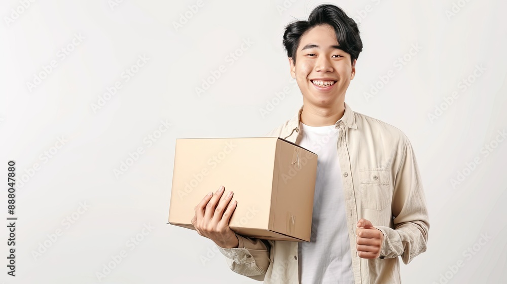 Smiling young Asian man joyfully holding a parcel box, isolated on white screen background Smiling young Asian man joyfully holding a parcel box, isolated on white screen background