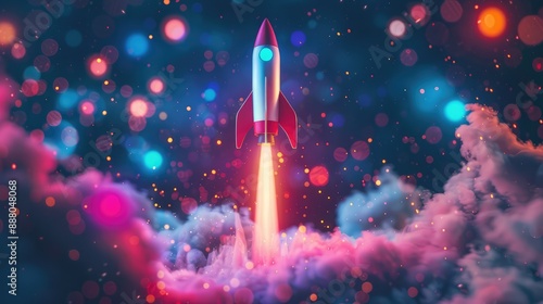 Fototapeta Naklejka Na Ścianę i Meble -  vibrant illustration depicts a spacecraft launch amid glowing neon hues representing the excitement of new business