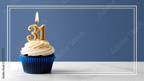 Gold Candle Number 31 on Blue Cupcake with Blue Background and White Frame
