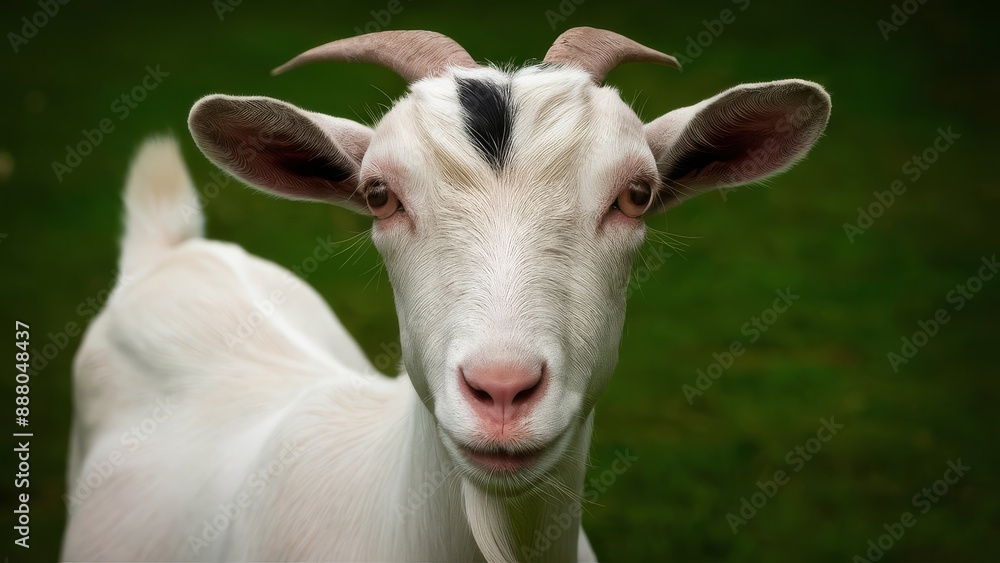 Striking Close-Up Portrait of Goat with Prominent Ears and Black Spot on Head in Green Pasture Striking Close-Up Portrait of Goat with Prominent Ears and Black Spot on Head in Green Pasture