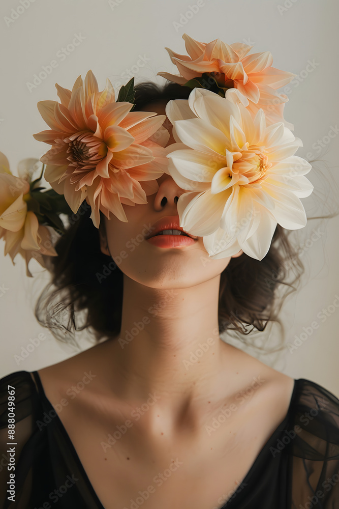 Naklejka premium A woman from shoulders up, her face adorned with exquisite flowers