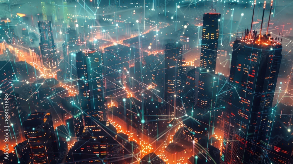 Fototapeta premium towering skyscrapers shimmer amid a mesh of digital connections portraying citys technological pulse after dark