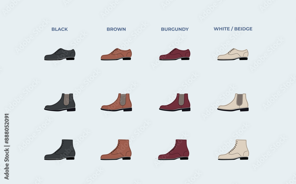 Various Men's Dress Shoes in Different Colors. Men's dress shoes in various styles and colors: black, brown, burgundy, and white,beige. Includes oxfords, Chelsea boots, ankle boots.Vector illustration Various Men's Dress Shoes in Different Colors. Men's dress shoes in various styles and colors: black, brown, burgundy, and white,beige. Includes oxfords, Chelsea boots, ankle boots.Vector illustration