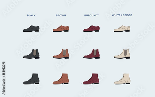 Various Men's Dress Shoes in Different Colors. Men's dress shoes in various styles and colors: black, brown, burgundy, and white,beige. Includes oxfords, Chelsea boots, ankle boots.Vector illustration