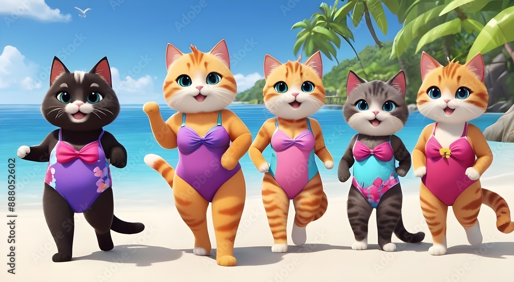 Obraz premium happy cats in colorful swimsuits enjoying a tropical beach paradise