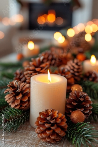 White candle in the foreground with pine cones and needles. Shallow focus with copy space © STOCK IMAGES STALL