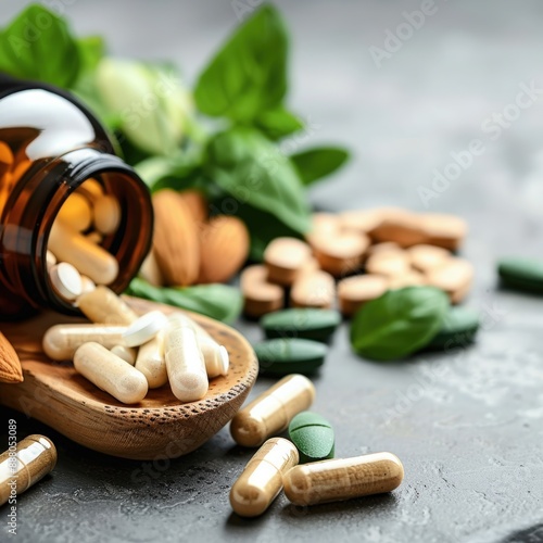 A close-up of a magnesium supplement bottle, accompanied by tablets and magnesium-rich foods.