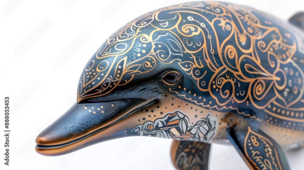 A close-up of a dolphin with intricate Thai Kanok patterns, showcasing distinctive and beautiful designs, isolated on a white background A close-up of a dolphin with intricate Thai Kanok patterns, showcasing distinctive and beautiful designs, isolated on a white background