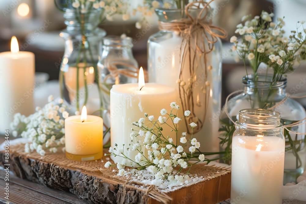 Rustic table decor with candles, flowers, and glass jars. Rustic table decor with candles, flowers, and glass jars.