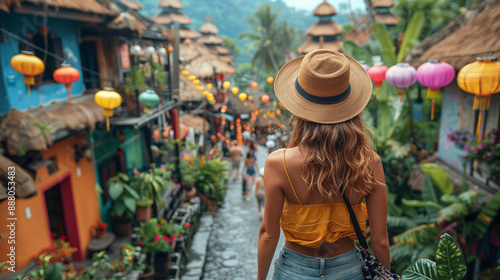 Young woman with hat seen from behind, exploring exotic country streets. Solo female traveler experiences local culture in vibrant foreign destination.