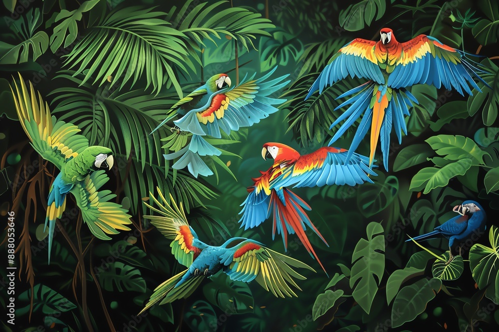 Colorful macaws flying in a lush green jungle. Colorful macaws flying in a lush green jungle.