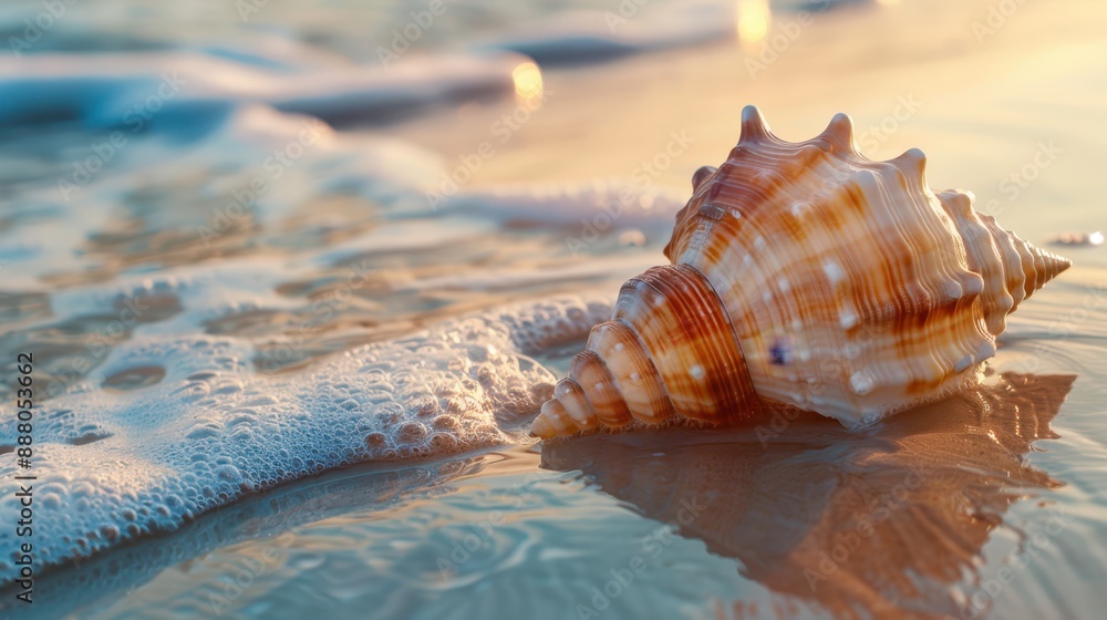 A close-up of a seashell on a sandy beach, intricate ridges and grooves, with the ocean waves in the background A close-up of a seashell on a sandy beach, intricate ridges and grooves, with the ocean waves in the background