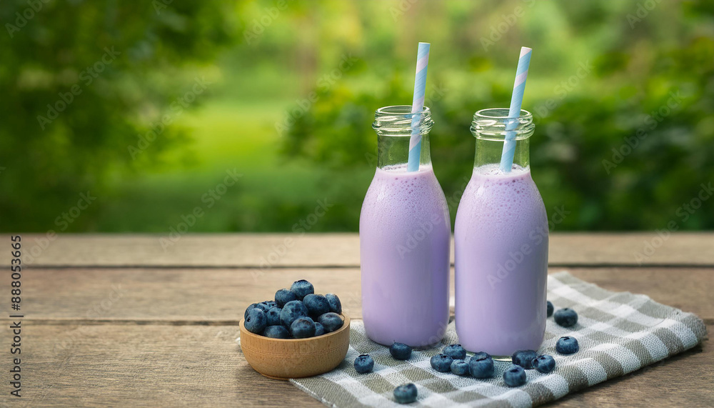 Glass bottles of blueberry milk or smoothie on wooden table in green garden. Tasty fruit drink. Glass bottles of blueberry milk or smoothie on wooden table in green garden. Tasty fruit drink.