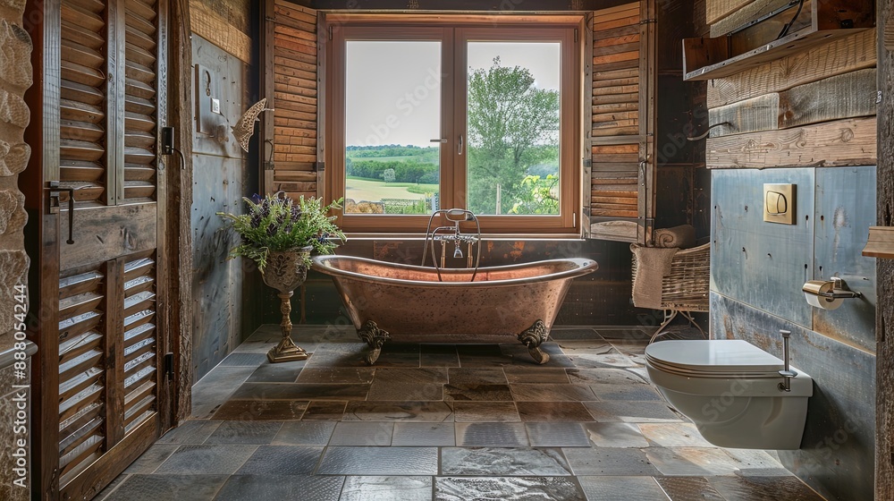Obraz premium Rustic Bathroom with Natural Elements Featuring a Copper Clawfoot Tub and Scenic View