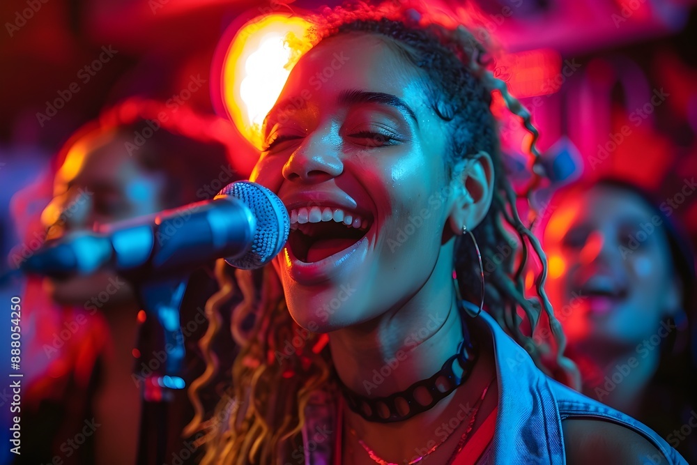 Expressive Close Up of Joyful Friends Singing Karaoke in Vibrant Coral Club Expressive Close Up of Joyful Friends Singing Karaoke in Vibrant Coral Club