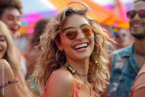 Friends Laughing and Dancing at a Vibrant Festival with Magenta and Peach Tones