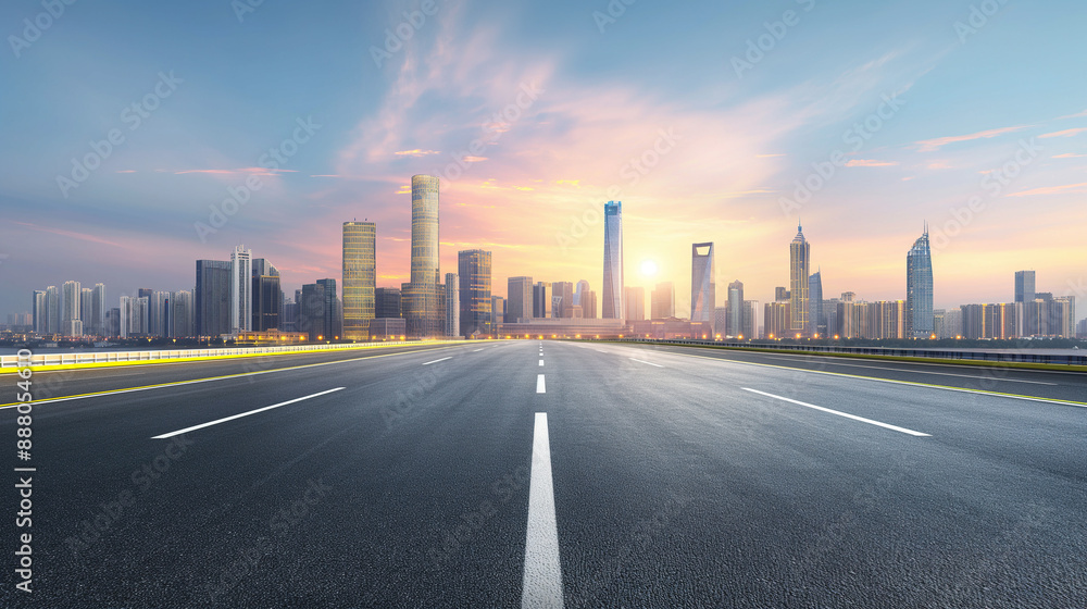 Naklejka premium City high way with motion blur effect against the background of city skyline 