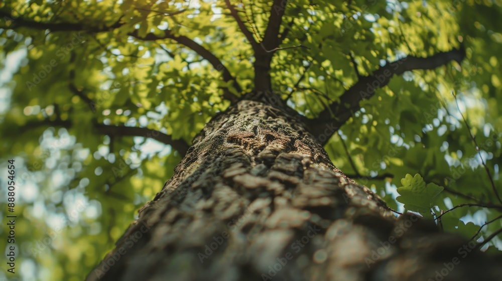 Fototapeta premium Old, gnarled oak trunk stands tall in sunlit woods, green leaves rustling in summer breeze