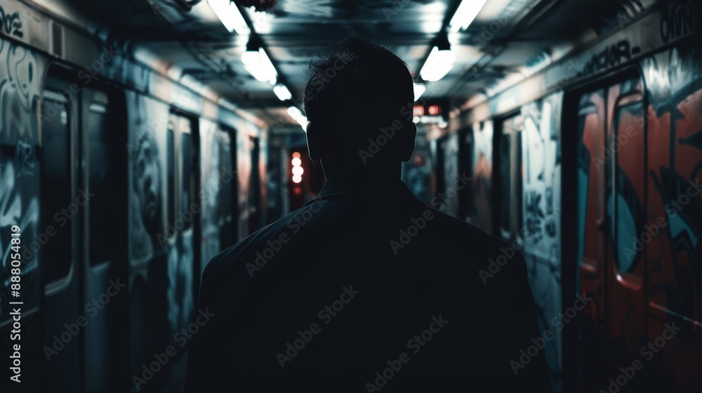 A close-up photograph of an office worker with a shadowed face, waiting for the subway, with dim, flickering lights and graffiti-covered walls in the background A close-up photograph of an office worker with a shadowed face, waiting for the subway, with dim, flickering lights and graffiti-covered walls in the background