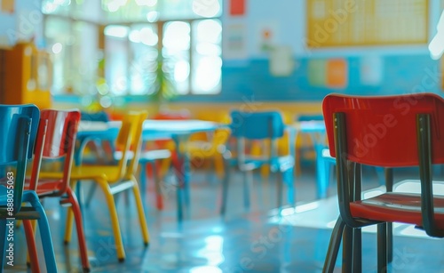 Empty Blurry Classroom at Elementary School Campus, Back to School Concept