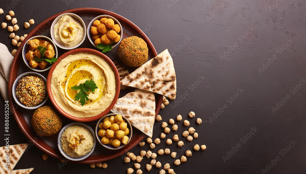 A hummus platter with various accompaniments like falafel, chickpeas, and pita bread dips A hummus platter with various accompaniments like falafel, chickpeas, and pita bread dips