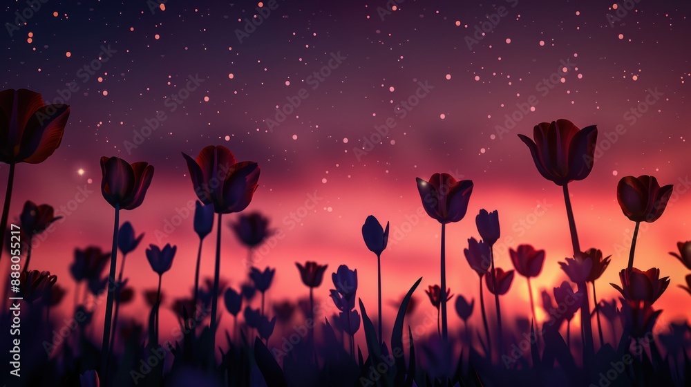 Obraz premium A close-up silhouette of a field of tulips, with their shapes clearly outlined, against a twilight sky filled with stars
