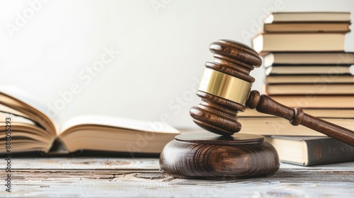 Brown gavel and books in focus on wooden table against white background