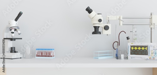 Laboratory, scientist work desk microscope 3D illustration