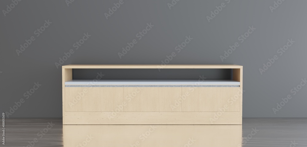 TV table in the middle of the room, TV shelf, empty room, 3D illustration TV table in the middle of the room, TV shelf, empty room, 3D illustration
