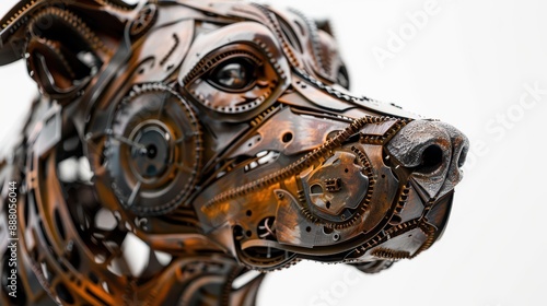 A close-up view of a dog constructed from scrap metal pieces, featuring unique and elaborate patterns, isolated on a white background photo