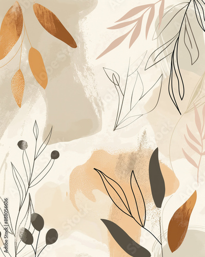 boho hand drawn abstract shapes, plants and leaves in neutral tones with subtle copper accents, soft lines and organic forms