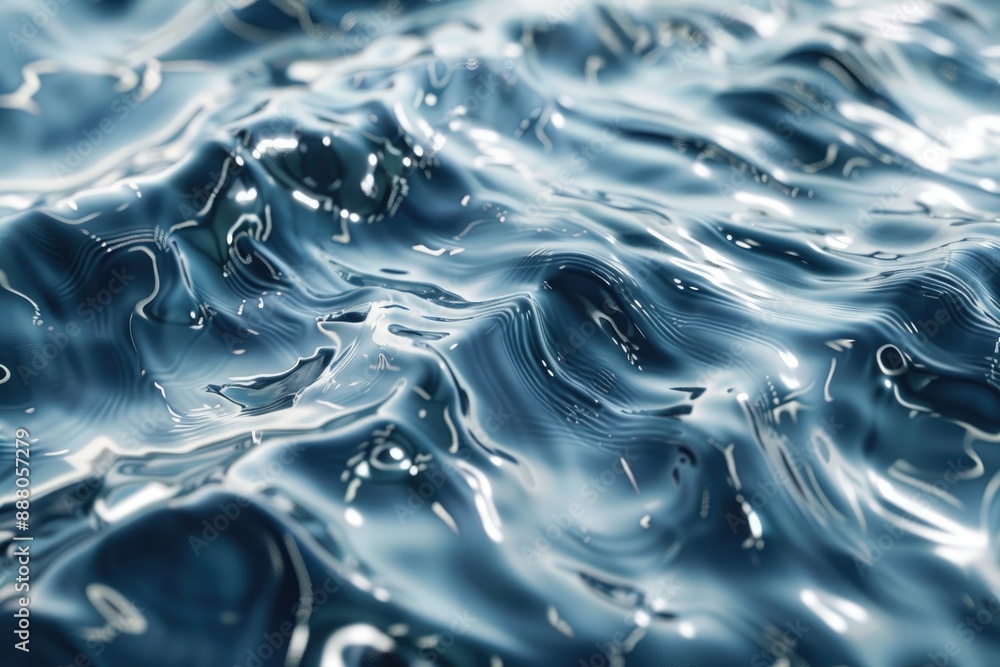 Abstract 3D rendering of a turbulent water surface with a glossy reflective texture and a deep blue hue Abstract 3D rendering of a turbulent water surface with a glossy reflective texture and a deep blue hue