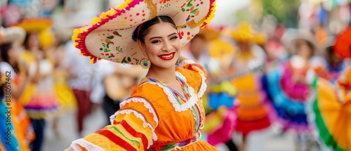 Vibrant street festival with people dancing and enjoying music, cultural unity, Hispanic Heritage Month tribute
