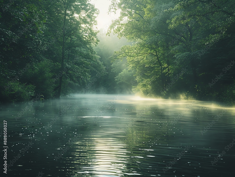 Tranquil river with mist rising from the water, surrounded by dense forest and early morning light Tranquil river with mist rising from the water, surrounded by dense forest and early morning light