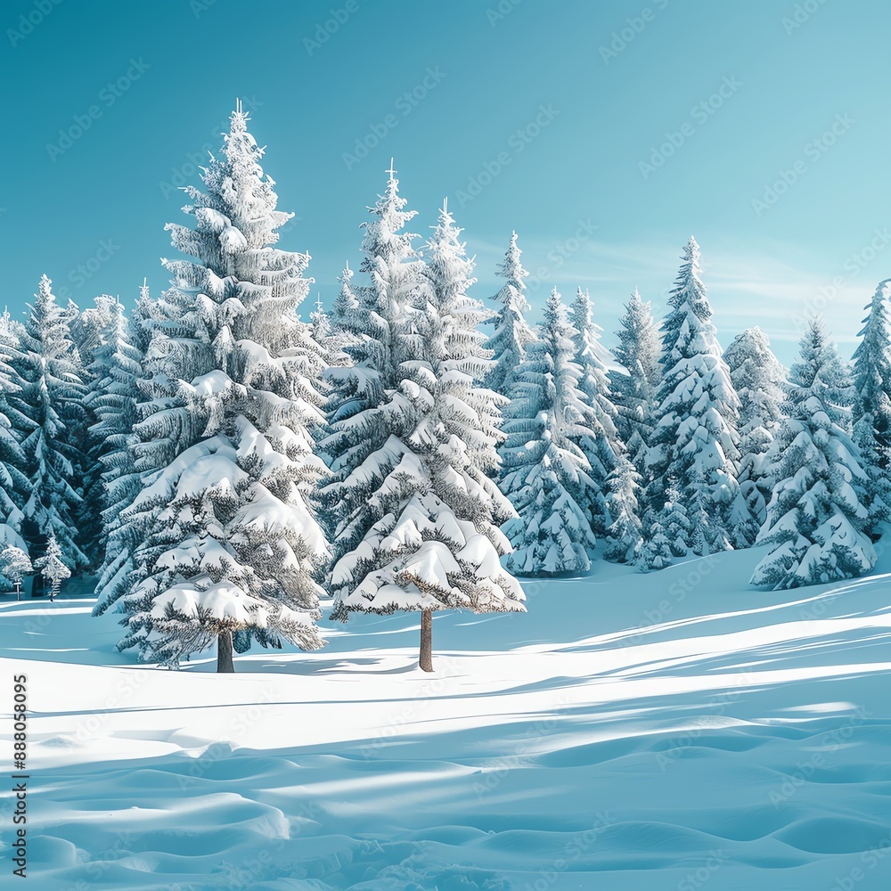Fototapeta premium Tranquil snowy landscape with pine trees covered in snow and a clear blue sky above
