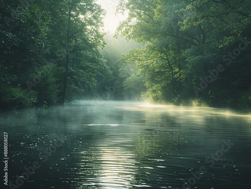 Tranquil river with mist rising from the water, surrounded by dense forest and early morning light