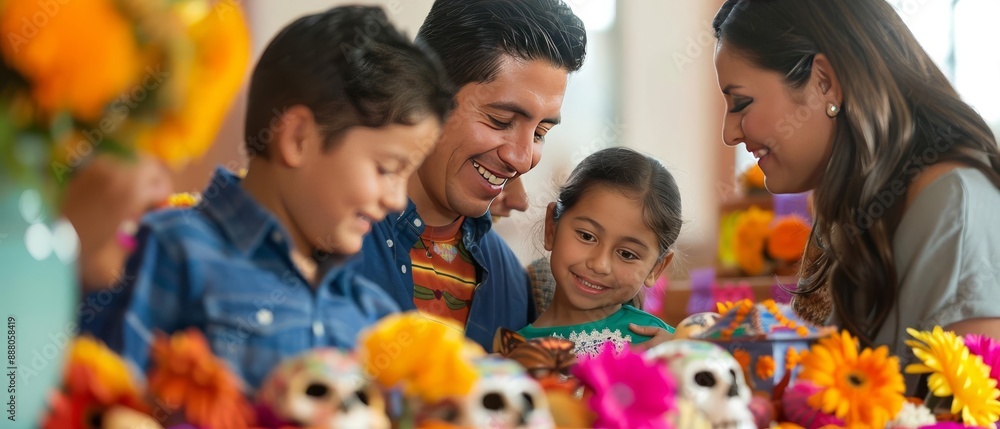 Hispanic family gathered around a colorful Dia de los Muertos altar