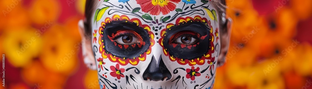Intricate Dia de los Muertos face painting with floral designs, cultural tradition, Hispanic Heritage Month celebration Intricate Dia de los Muertos face painting with floral designs, cultural tradition, Hispanic Heritage Month celebration
