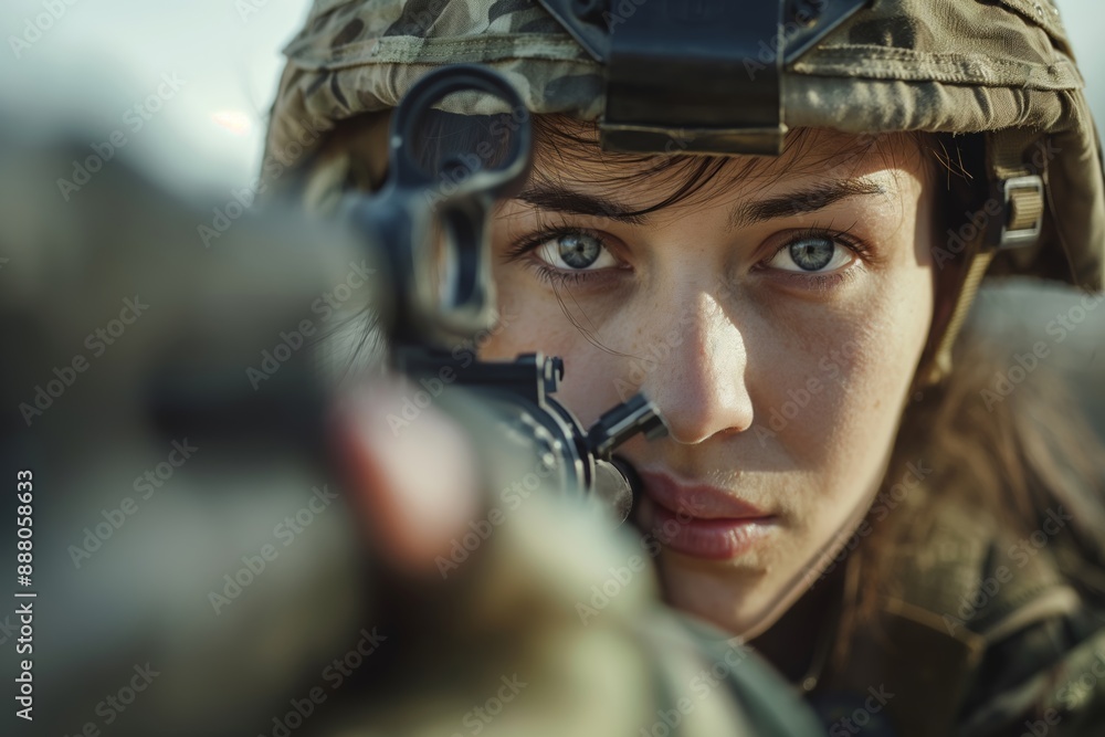 A closeup of a determined female soldier aiming her rifle in the battlefield, showcasing bravery and focus. Womens Equality Day, Women in the army A closeup of a determined female soldier aiming her rifle in the battlefield, showcasing bravery and focus. Womens Equality Day, Women in the army