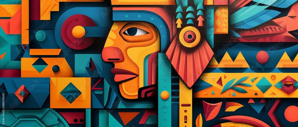 Fototapeta premium Intricate Aztec-inspired artwork with geometric designs and vibrant colors