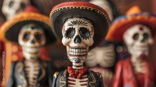 Traditional Dia de los Muertos skeleton figurines with festive attire, cultural symbols, Hispanic Heritage Month